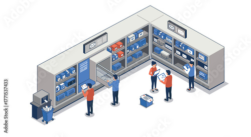Office mailroom isometric design with workers organizing and sorting packages