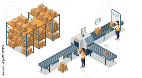 Isometric warehouse automation system with conveyor belts and workers