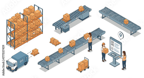 Warehouse logistics automation with conveyor belt and package handling solutions