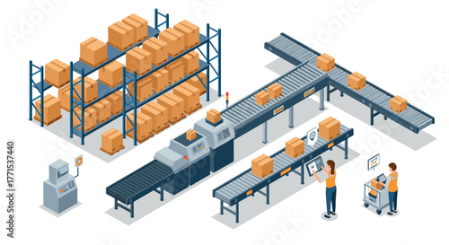 Isometric warehouse automation with conveyor belt and inventory management