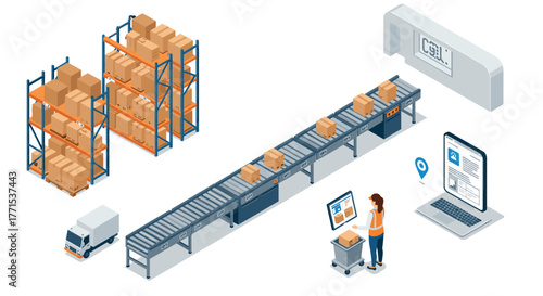 Warehouse automation process with robotics, conveyor belt, and online inventory management