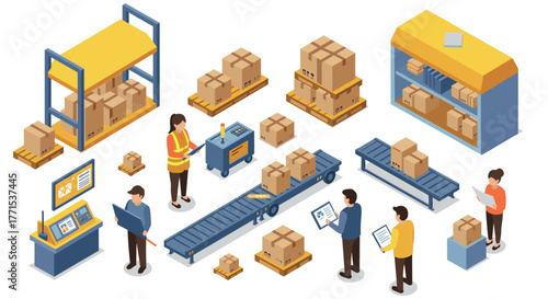 Isometric warehouse scene with workers and conveyor belts in a logistics setting