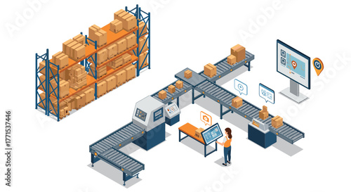Isometric warehouse automation with conveyor belts and digital interfaces