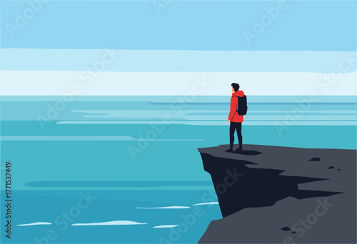 Hiking adventure at the ocean cliff digital calm environment wide angle view exploration concept