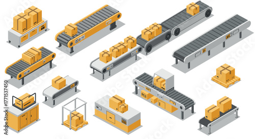 Isometric conveyor belts and packaging machines in industrial warehouse design
