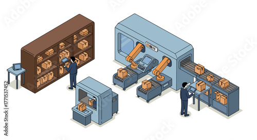 Automated warehouse robotics and inventory management isometric design
