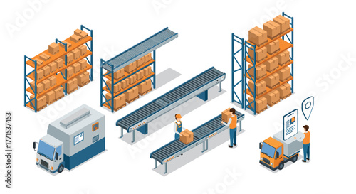 Isometric warehouse with conveyor belts, storage racks, and workers