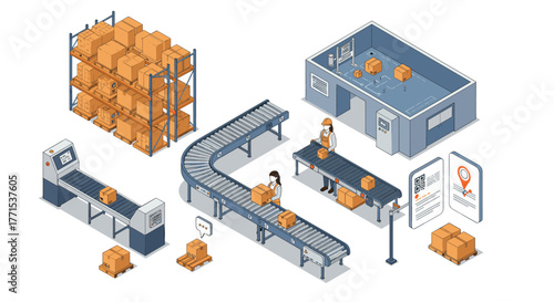 Warehouse logistics and automation with conveyor belts and packing stations