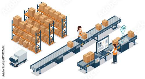 Isometric warehouse automation with conveyor belts and packaging