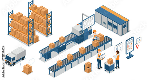Isometric warehouse automation with conveyor belt and packaging system