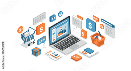Isometric online shopping scene with laptop and shopping icons