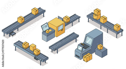 Isometric warehouse conveyor systems with parcel boxes and automated machinery