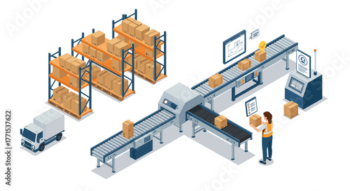 Automated warehouse scene with isometric conveyor system and logistic operations