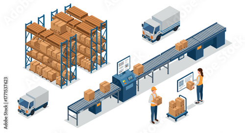 Isometric warehouse automation scene with conveyor belt and workers