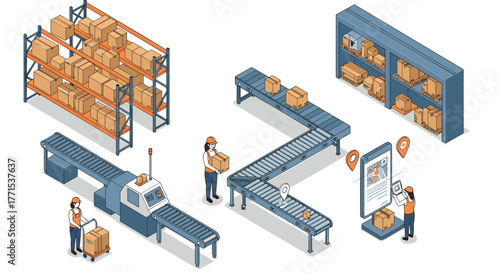 Automated warehouse system with conveyor belts and smart technology integration