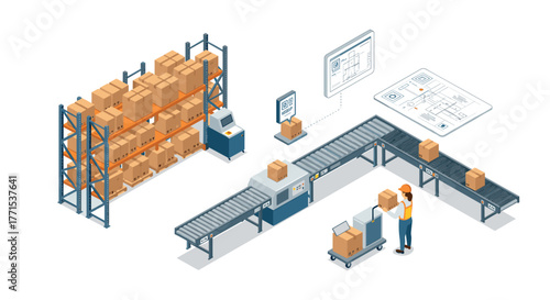 Isometric warehouse automation with conveyor and digital management system