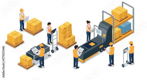 Isometric warehouse logistics and packaging workflow with workers and conveyor system