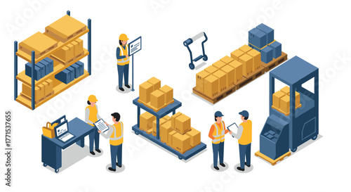 Warehouse management isometric design with workers, forklifts, and logistics elements