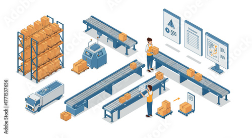 Isometric warehouse automation with conveyor belts and workers