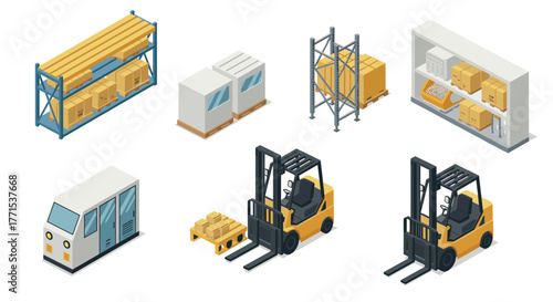 Warehouse equipment and storage solutions in isometric style for modern logistics