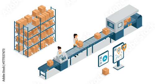 Efficient automated warehouse conveyor system with isometric package handling