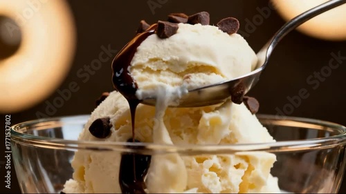 Vanilla Ice Cream with Chocolate Chips and Syrup in Warm Light. A close-up of a dessert featuring a scoop of vanilla ice cream in a clear glass bowl, topped with semi-sweet chocolate chips and drizzle