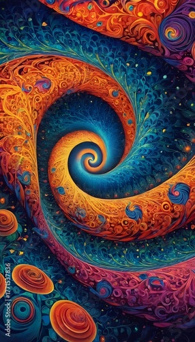 Abstract Fractal Spiral in Orange and Blue