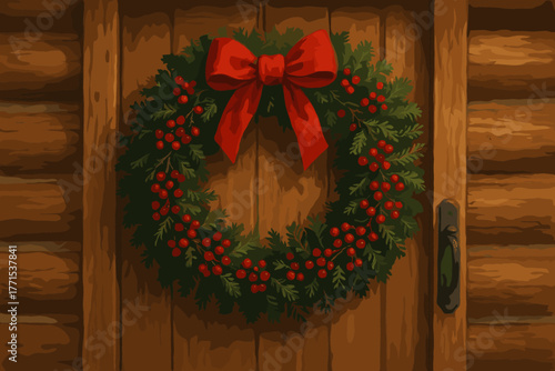Festive christmas wreath on rustic wooden door holiday decoration cozy environment view
