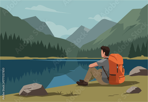 Hiker enjoying tranquility by a serene lake mountain landscape digital nature environment side view relaxation concept