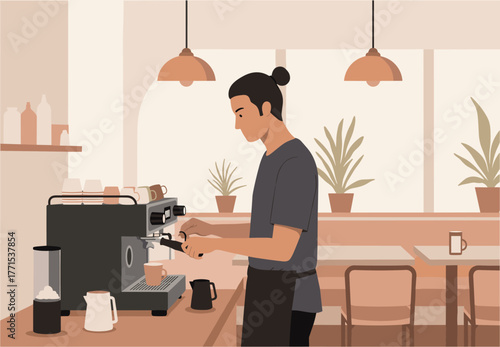 Barista preparing coffee cozy digital illustration relaxed atmosphere warm viewpoint embracing coffee culture
