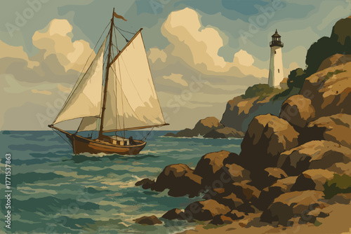 Sailing adventure near a coastal lighthouse rocky shoreline digital serene ocean artistic viewpoint