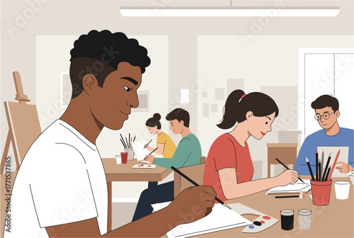 Class in setting students engaging in creative activities with various supplies