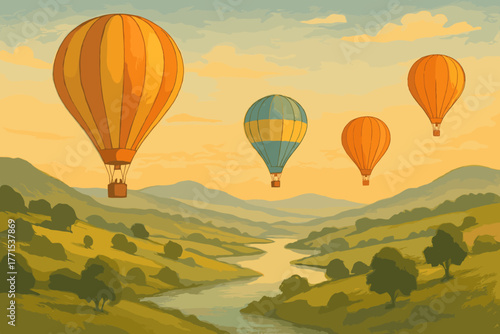 Hot air balloons gliding over a serene river valley nature scene illustrative sunrise setting