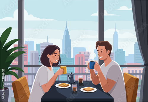 Couple enjoying breakfast together in a city apartment cozy indoor setting with scenic view lifestyle vibes