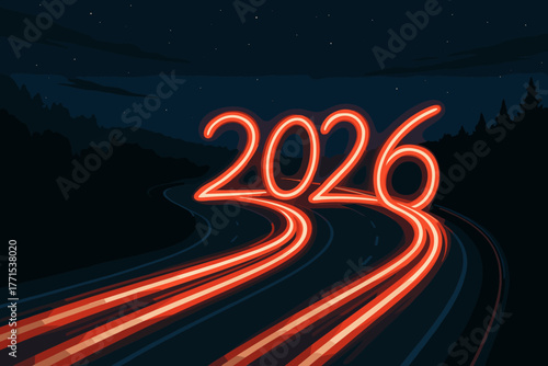 Celebrating the arrival of 2026 scenic road digital night sky dynamic perspective future vision
