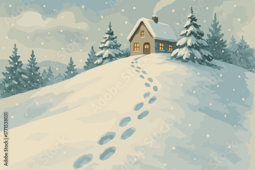 Snowy winter scene cozy house on a hill peaceful environment warm glow seasonal serenity