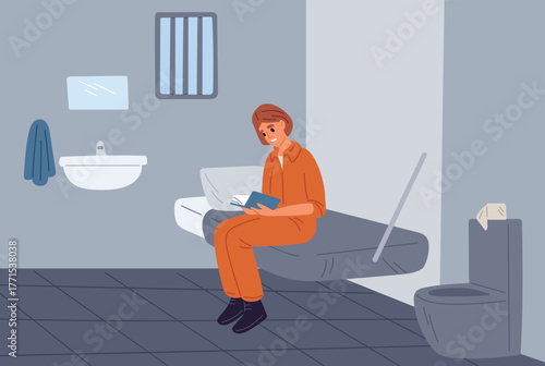 Young female criminal in orange clothing. Prisoner reading book locked in jail cell. Jailhouse cage room interior. Convicted lawbreaker sitting on bed. Inmate gangster. Vector concept