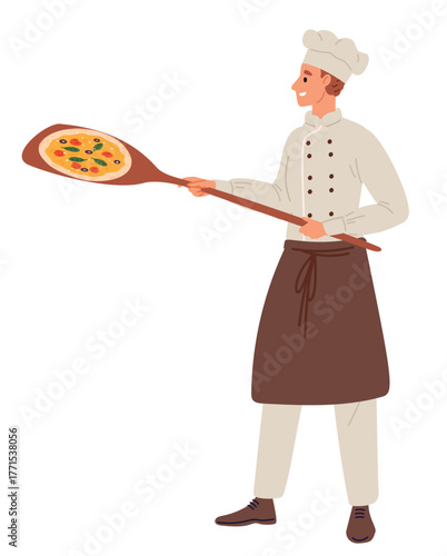 Young cook in uniform holds mouthwatering pizza on wooden shovel. Chef baker cooking Italian food. Pizzaiolo in baking gourmet pepperoni. Pizzeria restaurant kitchen. Vector concept