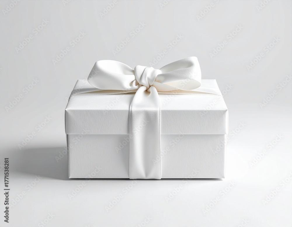 Obraz premium Elegant white gift box mockup with satin ribbon bow on clean background – luxury packaging design