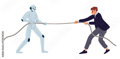 Robot engages in tug of war with human. Man and artificial intelligence competition. Businessman against AI. Business confrontation. Android and employee pulling rope. Vector concept