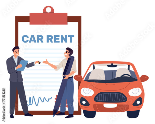 Renting car. Man signed document and receives auto keys to vehicle from manager. Agreement paper at big clipboard. Carsharing service. Rental transport. Contract signature. Vector concept
