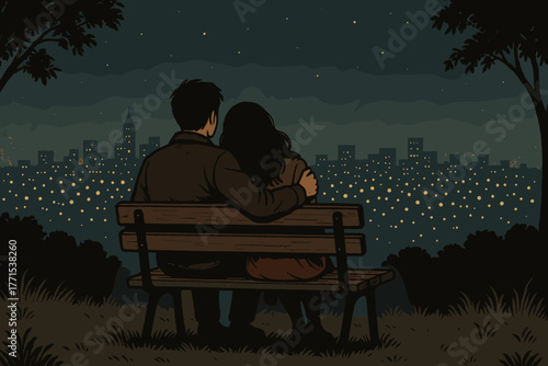 Romantic evening date night city park digital starry sky couple embrace love concept