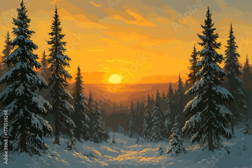 Sunset serenity over snowy pine forest nature landscape winter wonderland tranquil environment aerial view peaceful concept