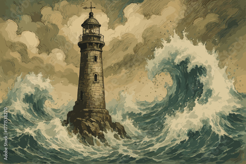 Stormy waves crashing against a historic lighthouse coastal landscape digital dramatic seascape view