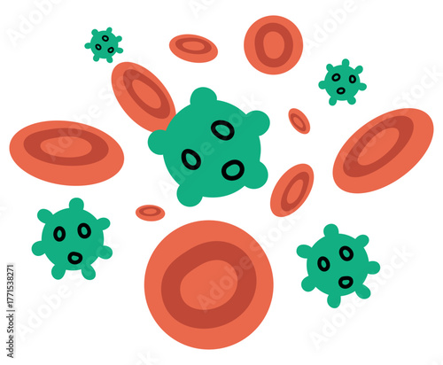 Red blood cells and green viruses move through blood vessels of human body. Erythrocyte and bacteria germs. Disease pathogen in plasma. Health immunity. Vector isolated bloody particles
