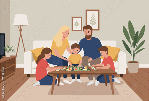 Family enjoying game night at home indoor living room digital cozy environment warm viewpoint togetherness concept