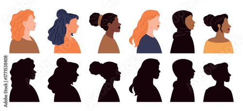 Multinational women faces. Different girls heads side view. Black silhouettes. Femininity diversity. Stylish haircuts. Caucasian and African female portraits. Vector set of facial profiles