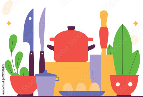 Colorful Kitchen Utensils and Cooking Tools Illustration