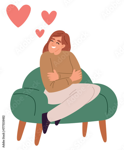 Happy girl hugs herself while sitting in chair. Love yourself. Young woman relaxing on armchair. Mindfulness and self-esteem. Mental health and harmony. Vector concept of self acceptance