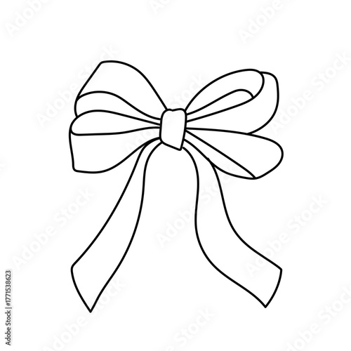 Outlined illustration of a decorative bow with full loops and long ribbon tails.